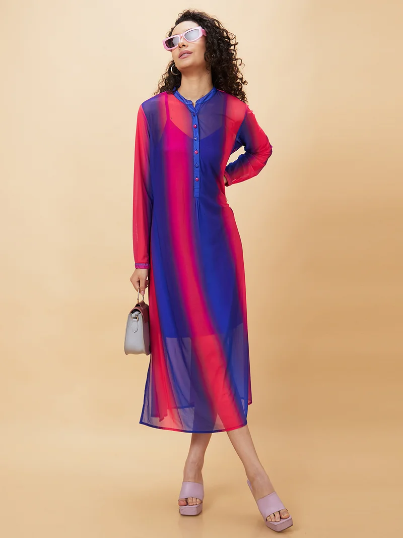 globus Globus Women Colourblocked Semi Sheer Net A-Line Midi Dress With Slip