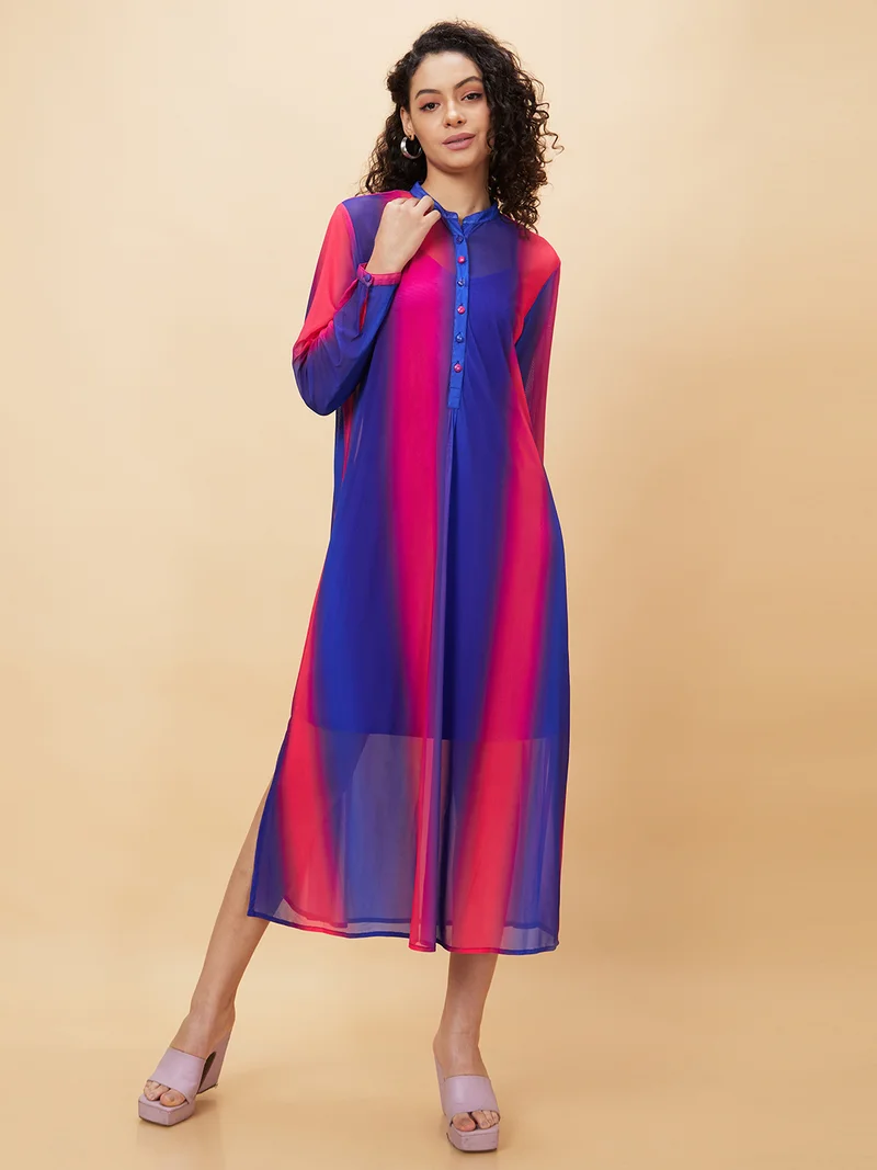 globus Globus Women Colourblocked Semi Sheer Net A-Line Midi Dress With Slip