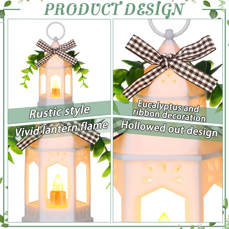 Hortsun 3 Pcs LED Ramadan Lanterns Farmhouse Tiered Tray Decor Vintage Rustic Decoration with LED Candle Hanging Rings Eucalyptus and Buffalo Plaid Bow for Table Centerpieces Home Decor Eid Gift(White) - Image 5