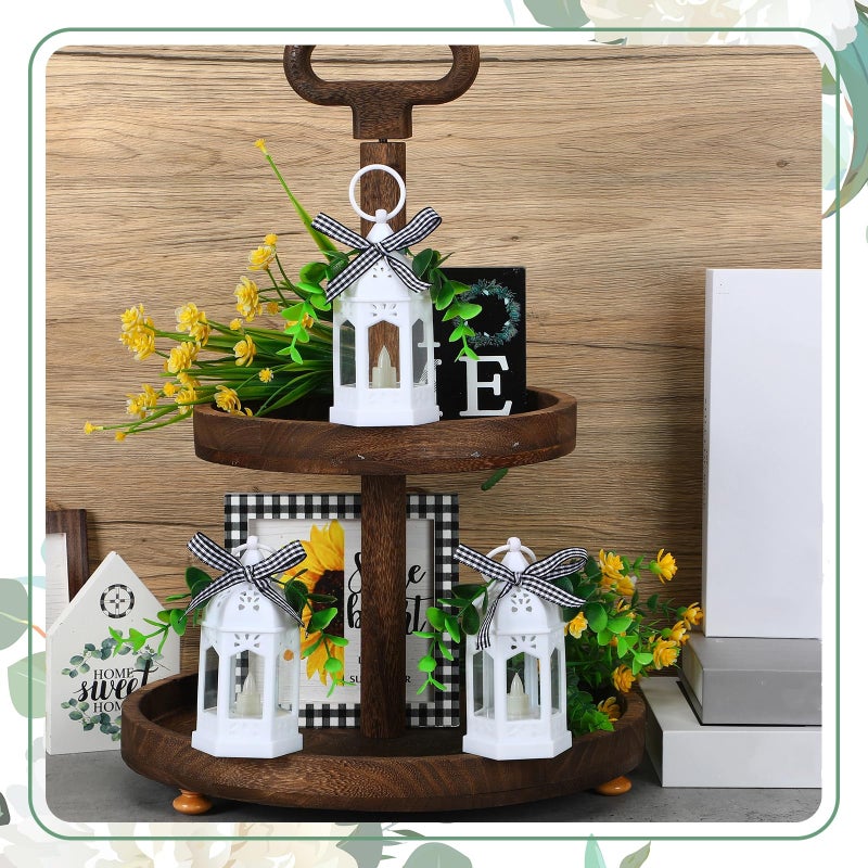 Hortsun 3 Pcs LED Ramadan Lanterns Farmhouse Tiered Tray Decor Vintage Rustic Decoration with LED Candle Hanging Rings Eucalyptus and Buffalo Plaid Bow for Table Centerpieces Home Decor Eid Gift(White) - Image 3
