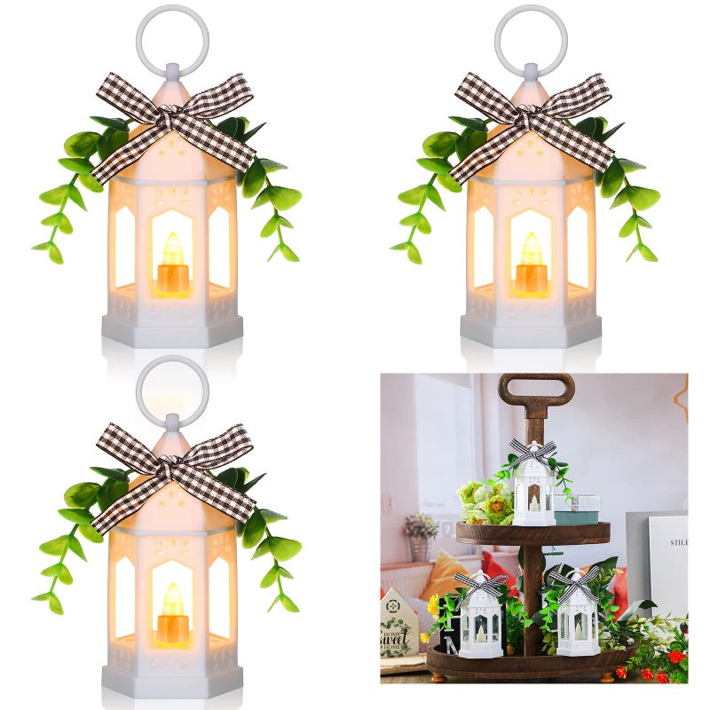 Hortsun 3 Pcs LED Ramadan Lanterns Farmhouse Tiered Tray Decor Vintage Rustic Decoration with LED Candle Hanging Rings Eucalyptus and Buffalo Plaid Bow for Table Centerpieces Home Decor Eid Gift(White) - Image 1