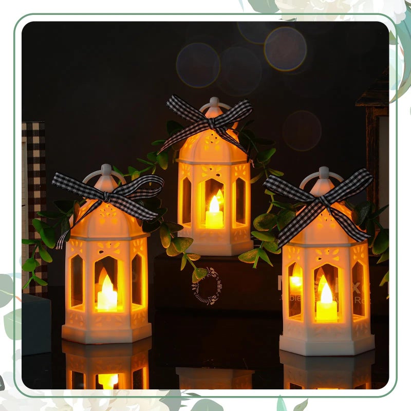 Hortsun 3 Pcs LED Ramadan Lanterns Farmhouse Tiered Tray Decor Vintage Rustic Decoration with LED Candle Hanging Rings Eucalyptus and Buffalo Plaid Bow for Table Centerpieces Home Decor Eid Gift(White) - Image 4