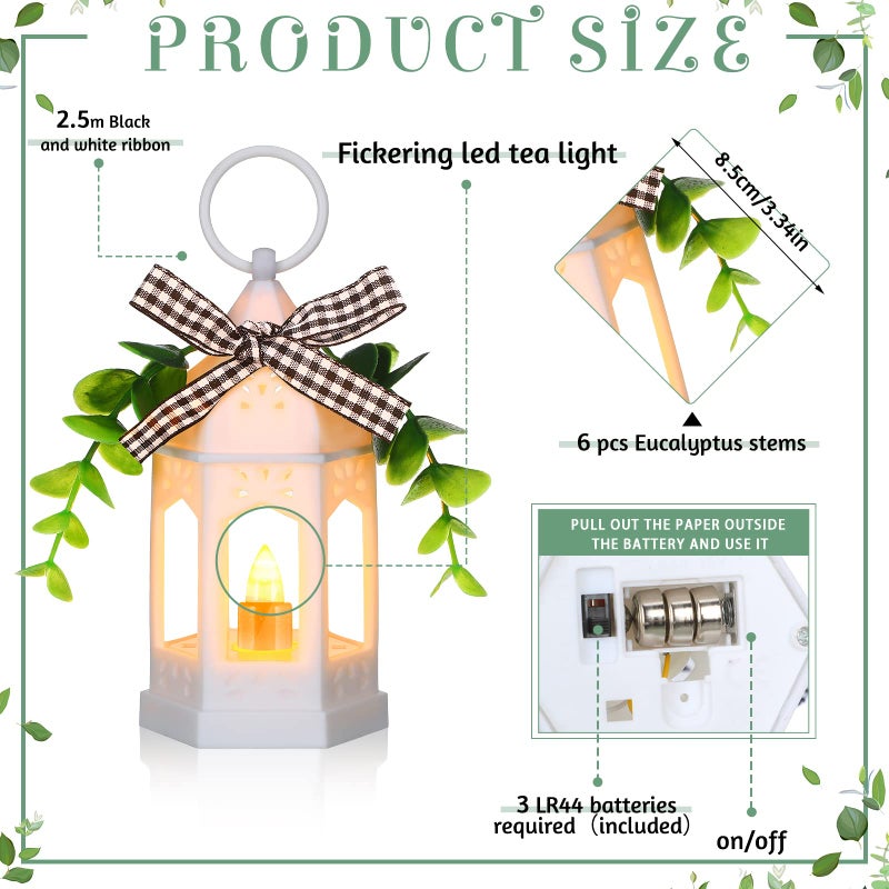 Hortsun 3 Pcs LED Ramadan Lanterns Farmhouse Tiered Tray Decor Vintage Rustic Decoration with LED Candle Hanging Rings Eucalyptus and Buffalo Plaid Bow for Table Centerpieces Home Decor Eid Gift(White) - Image 2