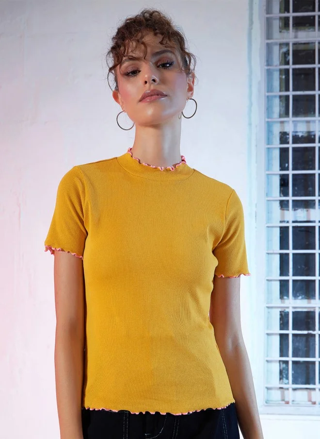 SASSAFRAS Mustard Yellow High-Neck Top for Women