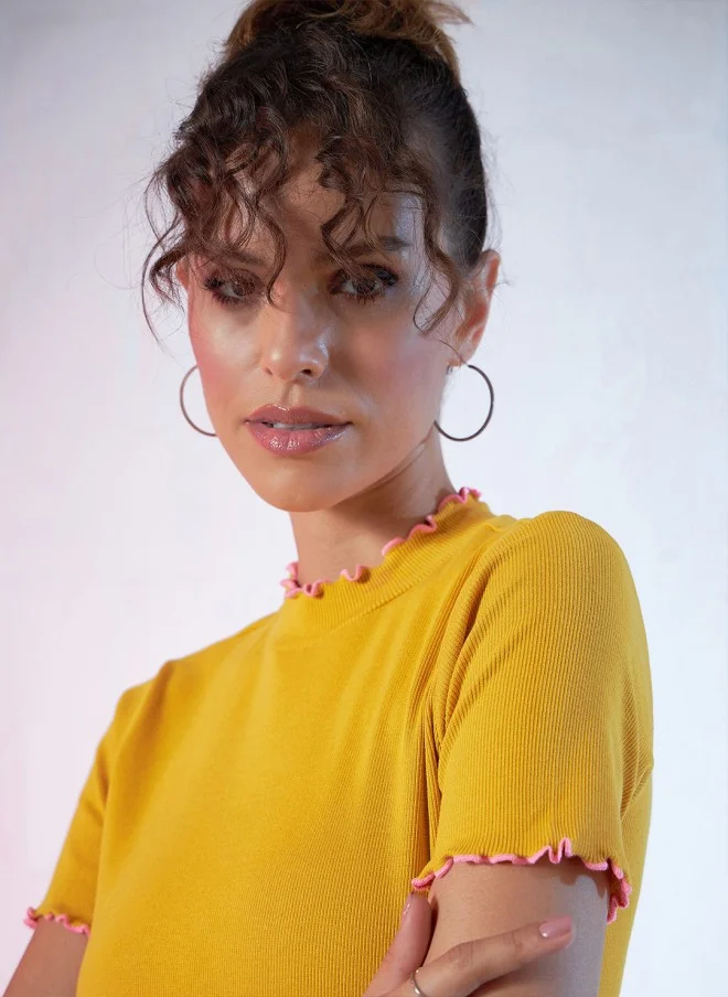 SASSAFRAS Mustard Yellow High-Neck Top for Women