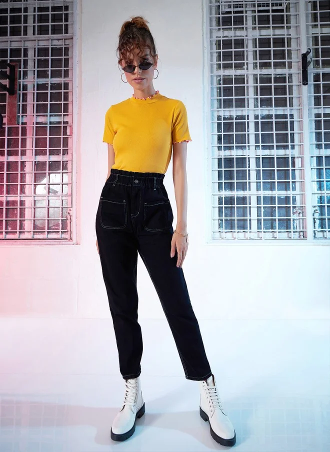 SASSAFRAS Mustard Yellow High-Neck Top for Women