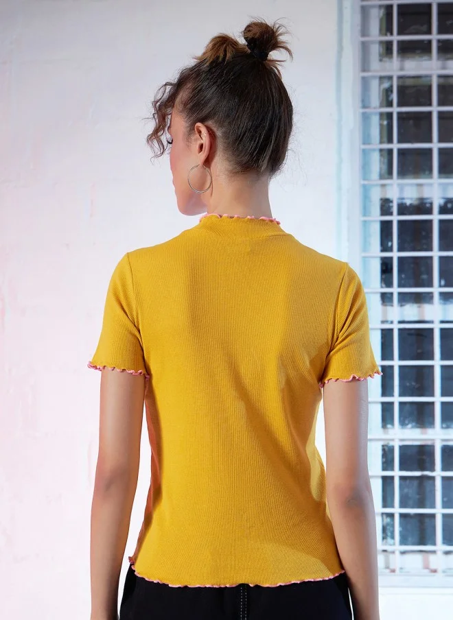 SASSAFRAS Mustard Yellow High-Neck Top for Women