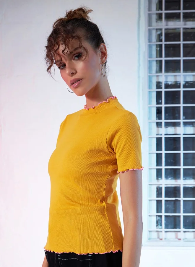 SASSAFRAS Mustard Yellow High-Neck Top for Women