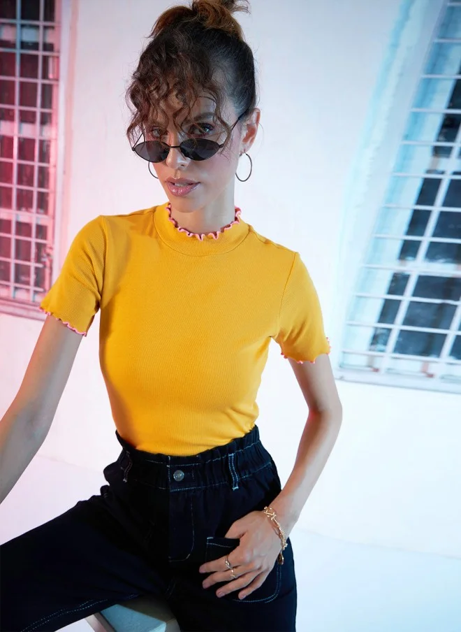 SASSAFRAS Mustard Yellow High-Neck Top for Women