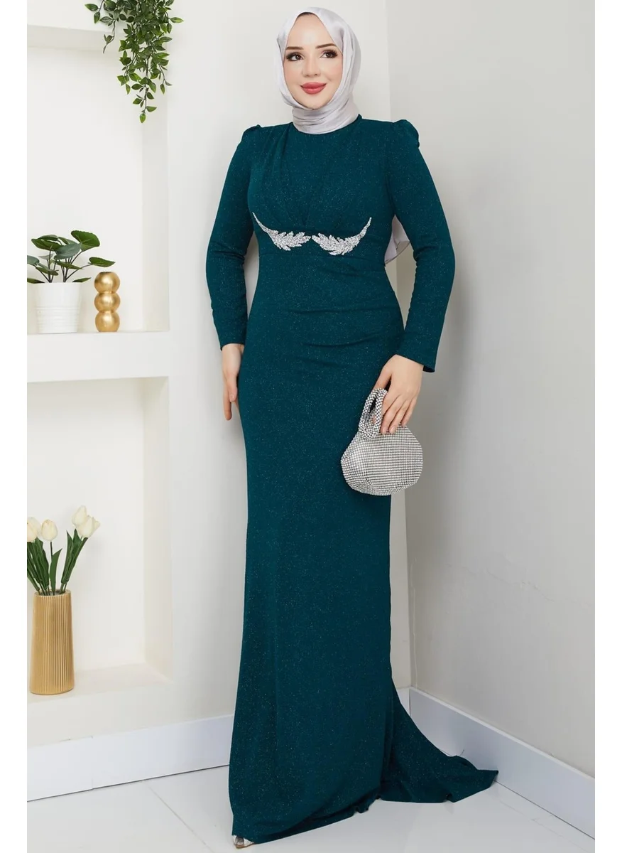 Esilanur Tailed Narcissus Hijab Evening Dress Emerald