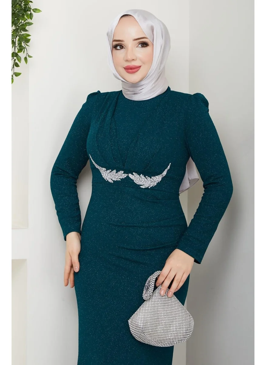 Esilanur Tailed Narcissus Hijab Evening Dress Emerald