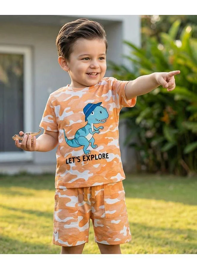 Babyhug Babyhug 100% Cotton Knit Half Sleeves T-Shirt & Shorts Co-ord Set With Dino Print - Orange