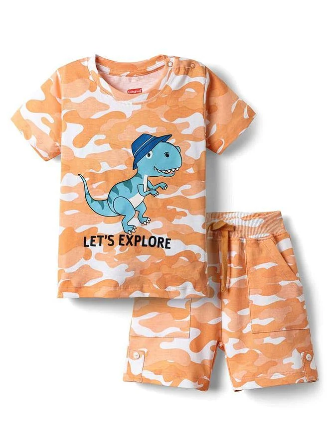 Babyhug Babyhug 100% Cotton Knit Half Sleeves T-Shirt & Shorts Co-ord Set With Dino Print - Orange