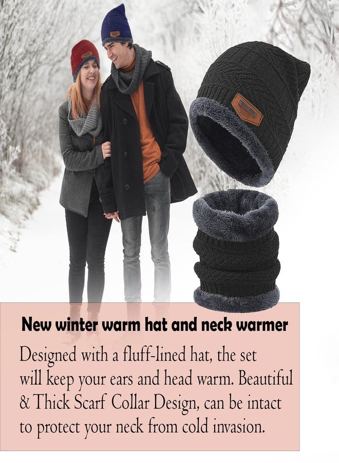 اي دي اي طقم قبعات شتوية محبوكة ووشاح من ADA®، ومدفأة للرقبة مبطنة بفرو سميك للرجال والنساء - أسود - Image 3