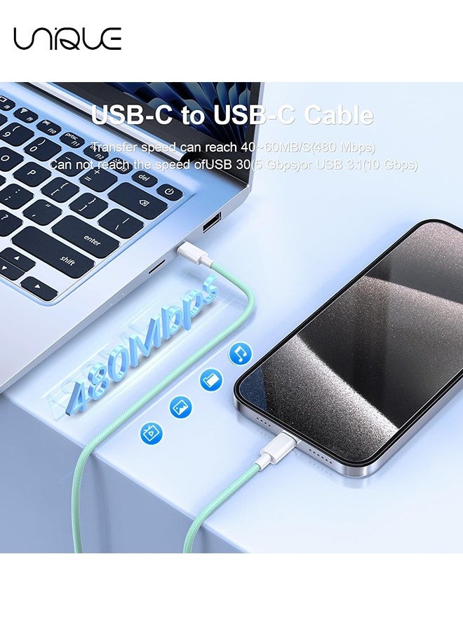 Unique - 2 Meters Charging Cable, 60W Long Braided Type C Charger Cable for Fast Charging, USB C to USB C Charger Cable for iPhone 15 Series/Samsung/MacBook/Google/Android/Laptop Phone Charger Cable - Green - Image 1