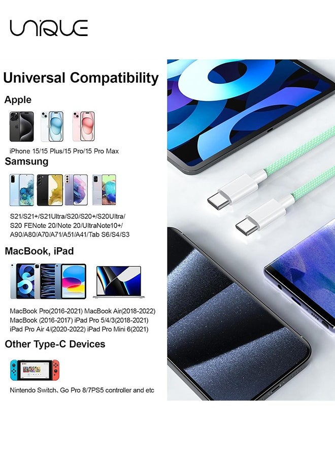 Unique - 2 Meters Charging Cable, 60W Long Braided Type C Charger Cable for Fast Charging, USB C to USB C Charger Cable for iPhone 15 Series/Samsung/MacBook/Google/Android/Laptop Phone Charger Cable - Green - Image 1