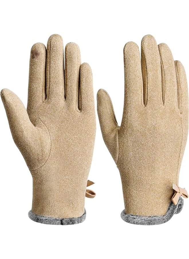 قفازات شتوية نسائية، قفازات دافئة مقاومة للرياح ومزودة بخاصية اللمس، مبطنة بفرو ناعم وسميك. - Image 1