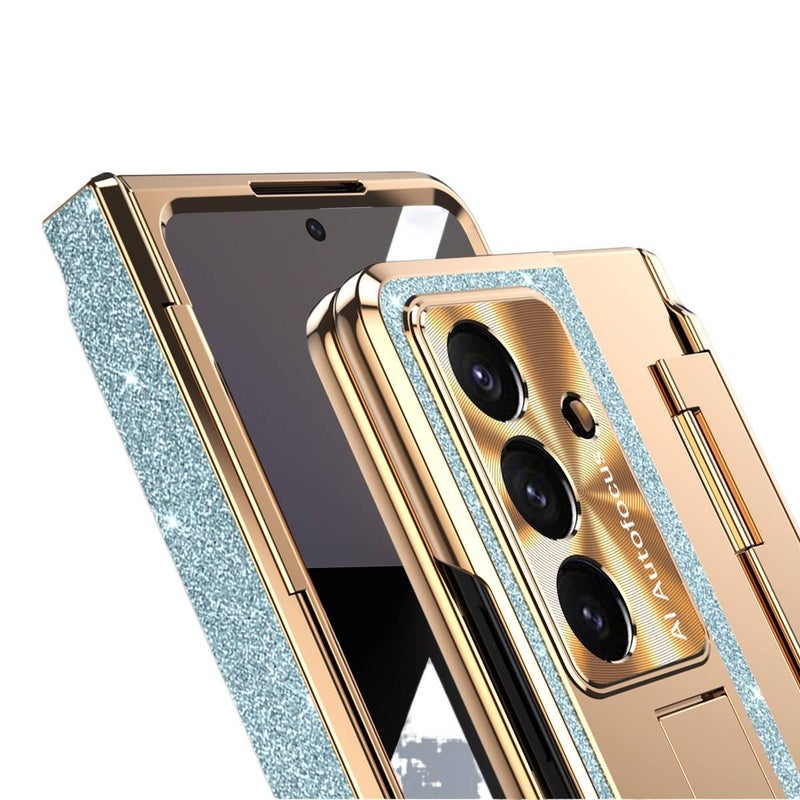 غطاء واقي بملمس باللون أزرق بوظيفة حامل جلد لـ Samsung Galaxy Z Fold 6 مع حماية من السقوط وتغطية كاملة مع مقاوم للصدمات مع حامل قائم مع مقاوم للخدش خفيف الحمل للاستخدام الداخلي - Image 4