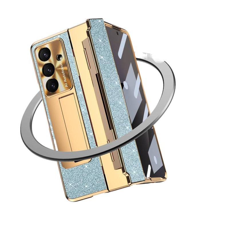 غطاء واقي بملمس باللون أزرق بوظيفة حامل جلد لـ Samsung Galaxy Z Fold 6 مع حماية من السقوط وتغطية كاملة مع مقاوم للصدمات مع حامل قائم مع مقاوم للخدش خفيف الحمل للاستخدام الداخلي - Image 3