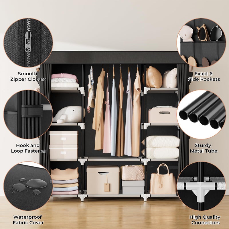 VTRIN Portable Closet Wardrobe for Hanging Clothes 57.3 Inch Large Capacity Clothes Rack with Cover, 10 Storage Organizer Shelves, 1 Hanging Rods and 6 Pockets, Free Standing Closet for Bedroom, Black - Image 5