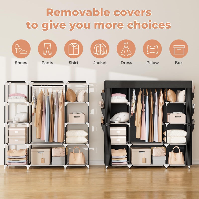 VTRIN Portable Closet Wardrobe for Hanging Clothes 57.3 Inch Large Capacity Clothes Rack with Cover, 10 Storage Organizer Shelves, 1 Hanging Rods and 6 Pockets, Free Standing Closet for Bedroom, Black - Image 4