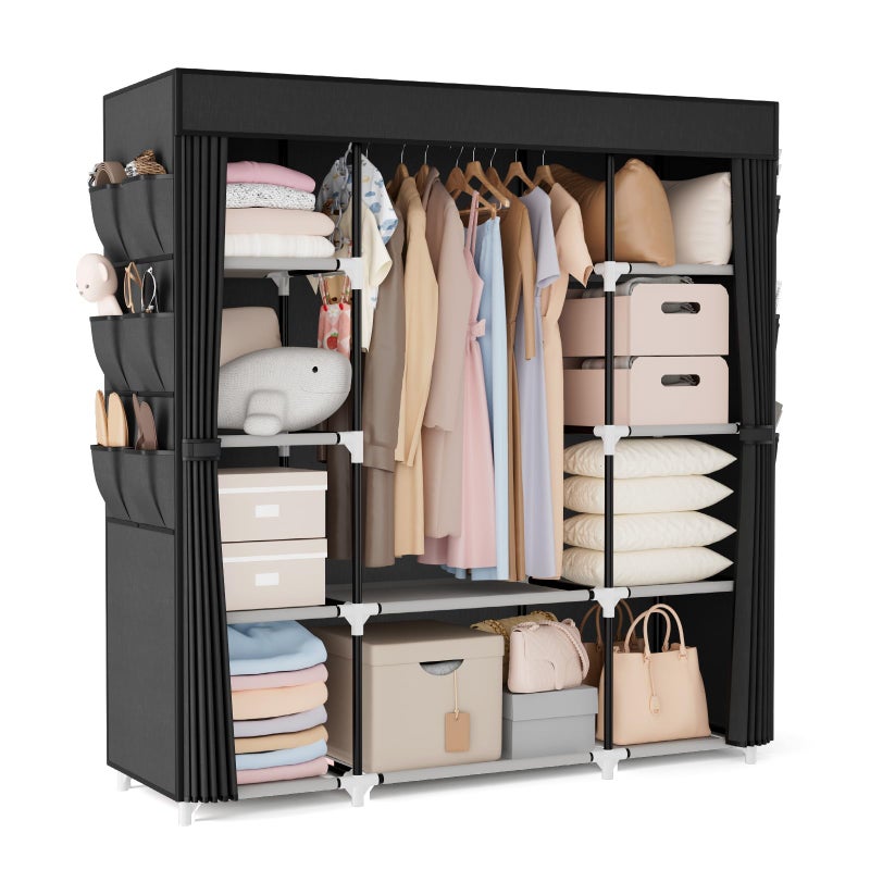 VTRIN Portable Closet Wardrobe for Hanging Clothes 57.3 Inch Large Capacity Clothes Rack with Cover, 10 Storage Organizer Shelves, 1 Hanging Rods and 6 Pockets, Free Standing Closet for Bedroom, Black - Image 1