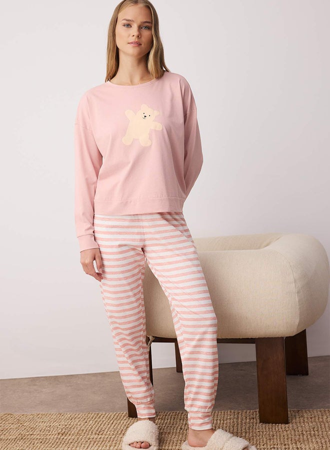 trendyol Pink 100% Cotton Teddy Bear Knitted Pajama Set THMAW21PT0302 - Image 1