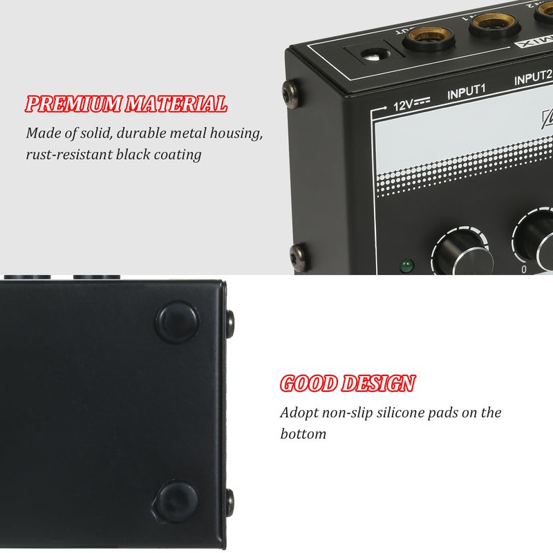 MH400 Ultra Low-Noise 4-Channel Line Mixer Mini Audio Mixer with 1/4-inch TS Inputs & Output Volume Control for Guitars Bass Keyboards - Image 2
