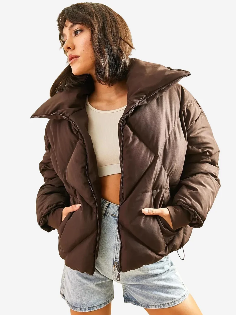 Bianco Lucci Mocha Brown LUCCI Oversized Puffer Coat for Women | Best Price UAE