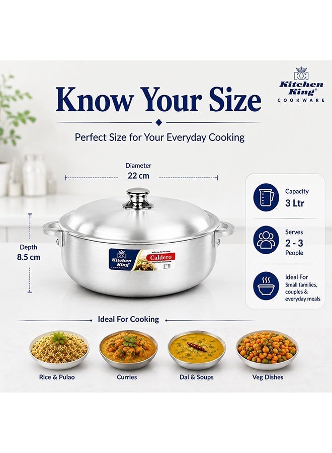 Kitchen King Caldero Aluminium Cooking Pot with Lid 22 cm (3 Ltr), Heavy-Duty Wide Base, Shallow Casserole for Biryani, Rice, Curry & Stews, Even Heat Distribution, Dishwasher Safe, Silver - Image 3