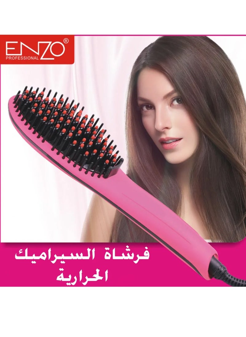 إنزو - فرشاة تمليس الشعر من السيراميك مع شاشة LCD لعرض درجة الحرارة EN-053 وردي للنساء و البنات مع تصميم انيق ليسهل استخدامه في المنزل او الكوافير سريع الاداء لتصفيف الشعر الناعم والمجعد - Image 1