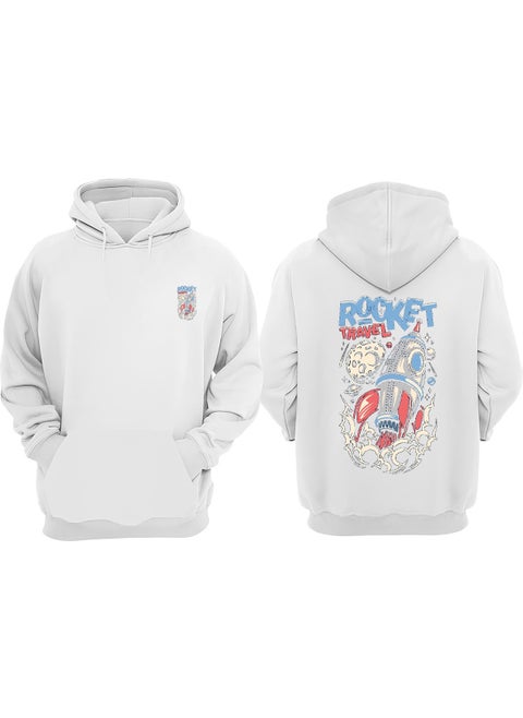 Unisex Rocket Travel Planets Design Front Back Printed Regular Fit White Sweatshirt