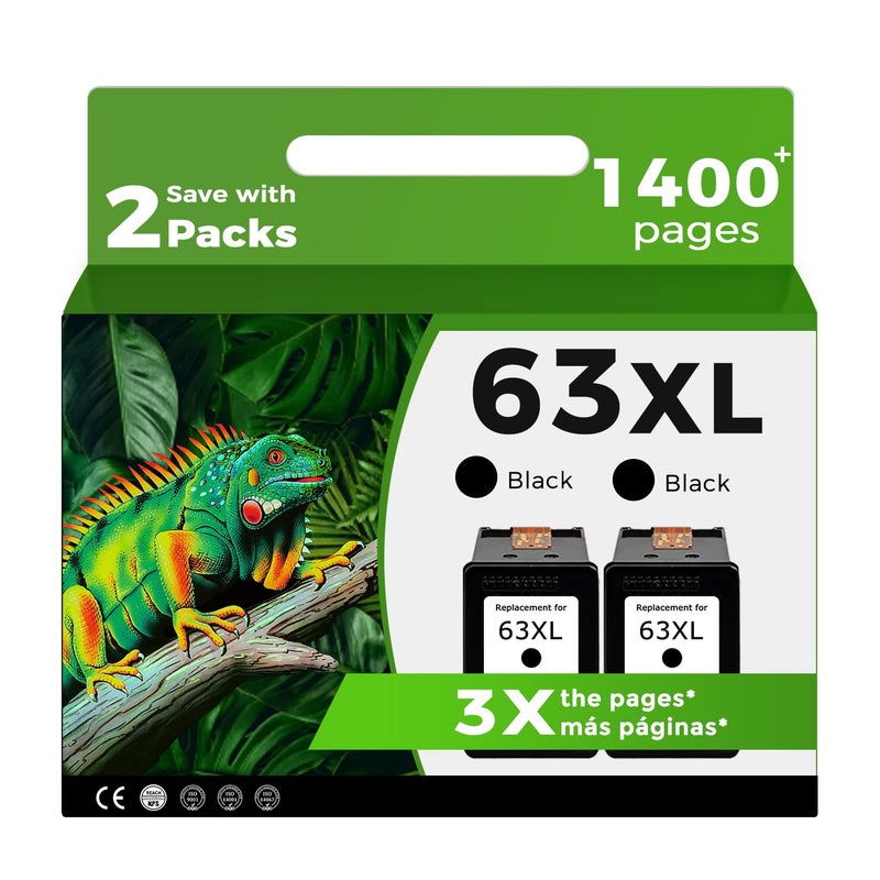 Relcolor 63XL Black Ink Cartridge Replacement for HP 63 XL 2 Pack for HP63 HP63XL for 4650 3830 5255 4520 4655 5222 5200 5258 5212 3632 5252 4652 4510 3631 3630 1112 2130 4512 2132 3634 5260 3833 4654 - Image 1