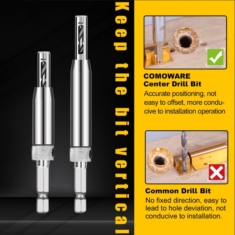 COMOWARE 17pcs VIX Bits Self Centering Drill Bit Set, 1/4" Hex Shank Self Centering Hinge Drill Bit Set for Woodworking Window Door Hinge, Quick Change with 1 Hex Key & 8 Drill Bits 5/64-1/4â€ - Image 5