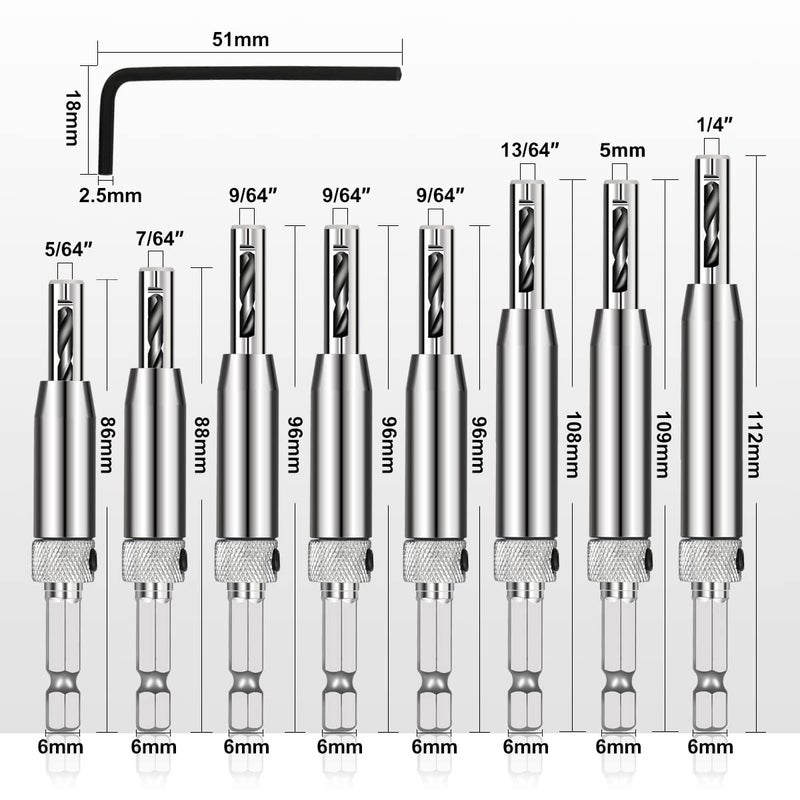 COMOWARE 17pcs VIX Bits Self Centering Drill Bit Set, 1/4" Hex Shank Self Centering Hinge Drill Bit Set for Woodworking Window Door Hinge, Quick Change with 1 Hex Key & 8 Drill Bits 5/64-1/4â€ - Image 2