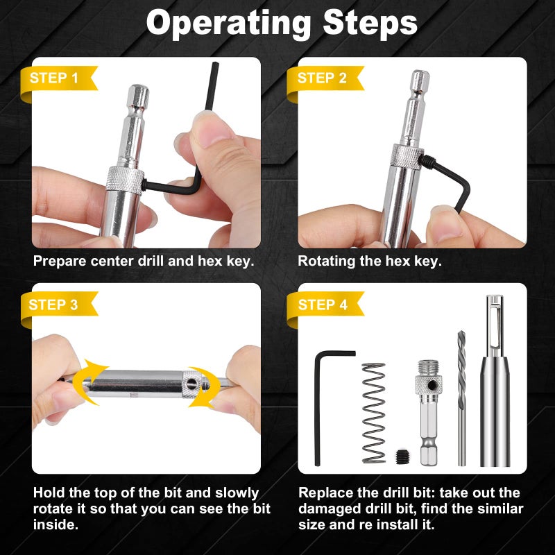 COMOWARE 17pcs VIX Bits Self Centering Drill Bit Set, 1/4" Hex Shank Self Centering Hinge Drill Bit Set for Woodworking Window Door Hinge, Quick Change with 1 Hex Key & 8 Drill Bits 5/64-1/4â€ - Image 4