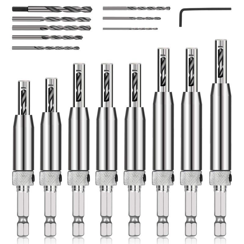 COMOWARE 17pcs VIX Bits Self Centering Drill Bit Set, 1/4" Hex Shank Self Centering Hinge Drill Bit Set for Woodworking Window Door Hinge, Quick Change with 1 Hex Key & 8 Drill Bits 5/64-1/4â€ - Image 1