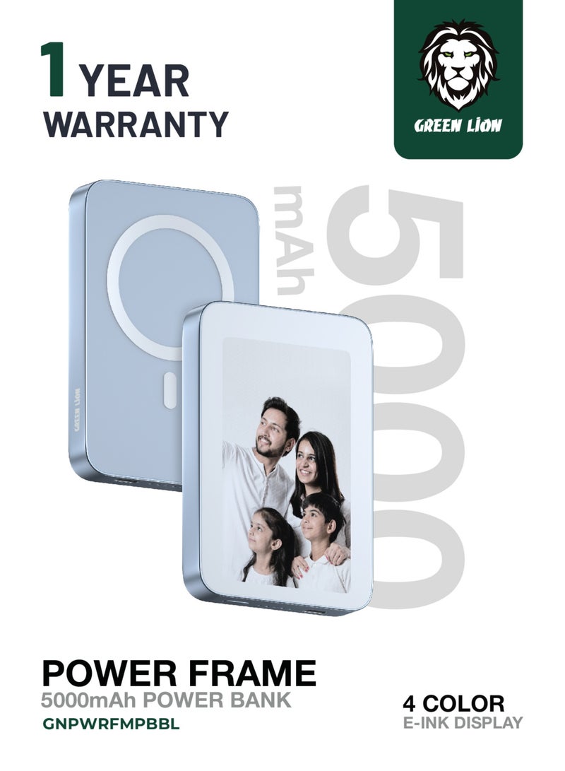 GREEN LION Power Frame MagSafe 5000mAh Power Bank with PD 20W / 15W Wireless Charging / V5.0 Bluetooth Version / Portable Charger / 9 Sec Fast Refresh / Always On Display / 4 Color E-INK Display - Blue - Image 1