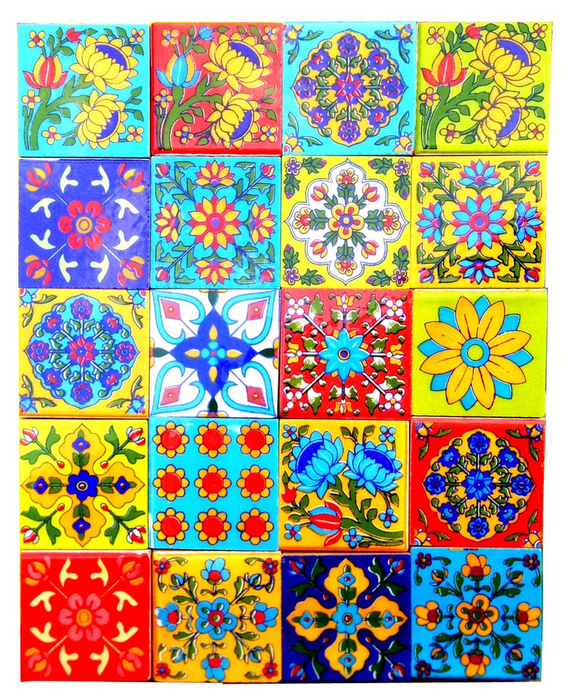 Shiv Kripa Blue Pottery Decorative Floral Border Ceramic Handmade Wall Tiles 2 x 2 Inch Set of 20 (Multi Color) - Image 1