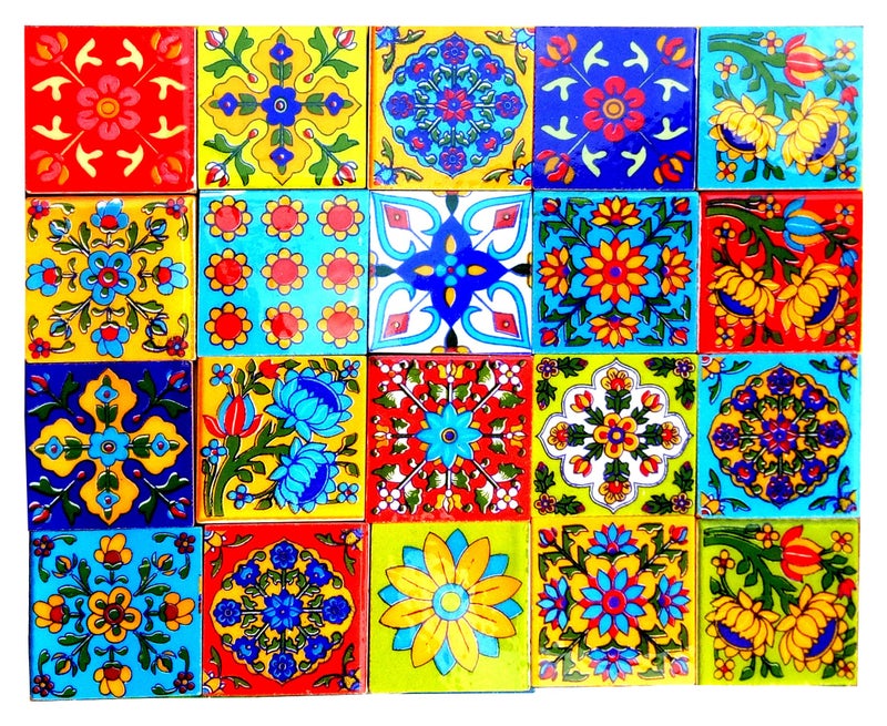 Shiv Kripa Blue Pottery Decorative Floral Border Ceramic Handmade Wall Tiles 2 x 2 Inch Set of 20 (Multi Color) - Image 4