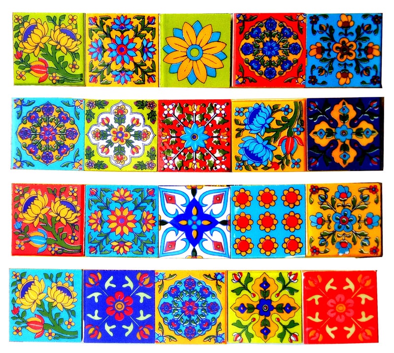 Shiv Kripa Blue Pottery Decorative Floral Border Ceramic Handmade Wall Tiles 2 x 2 Inch Set of 20 (Multi Color) - Image 3
