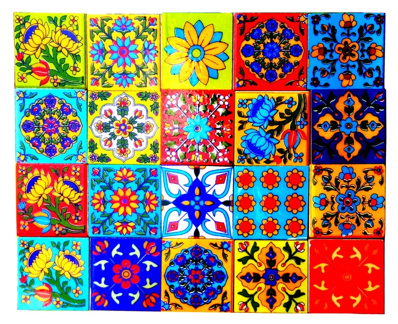 Shiv Kripa Blue Pottery Decorative Floral Border Ceramic Handmade Wall Tiles 2 x 2 Inch Set of 20 (Multi Color) - Image 2