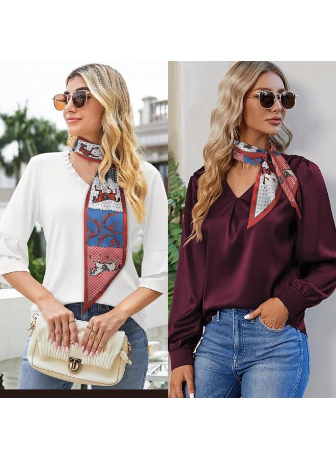 Aurolran 59" Mulberry Silk Like Head Scarf Women's Fashion Square Neck Satin Scarfs for Bag Hair Scarves Gift 59" * 5.9”, Fs013-red-blue-horse, 59" x 5.9" / 150cm x 15cm - Image 5
