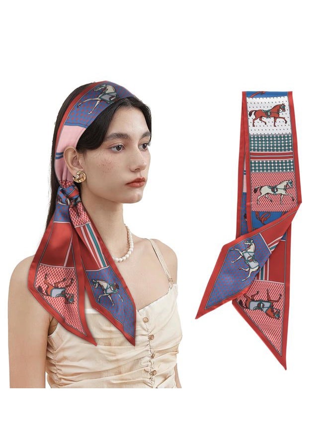 Aurolran 59" Mulberry Silk Like Head Scarf Women's Fashion Square Neck Satin Scarfs for Bag Hair Scarves Gift 59" * 5.9”, Fs013-red-blue-horse, 59" x 5.9" / 150cm x 15cm - Image 1