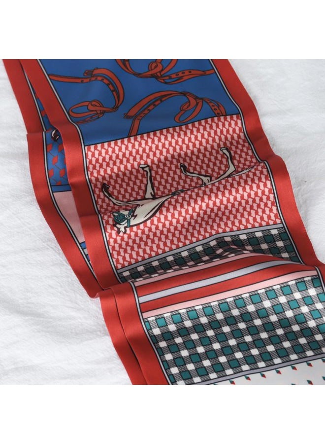 Aurolran 59" Mulberry Silk Like Head Scarf Women's Fashion Square Neck Satin Scarfs for Bag Hair Scarves Gift 59" * 5.9”, Fs013-red-blue-horse, 59" x 5.9" / 150cm x 15cm - Image 3