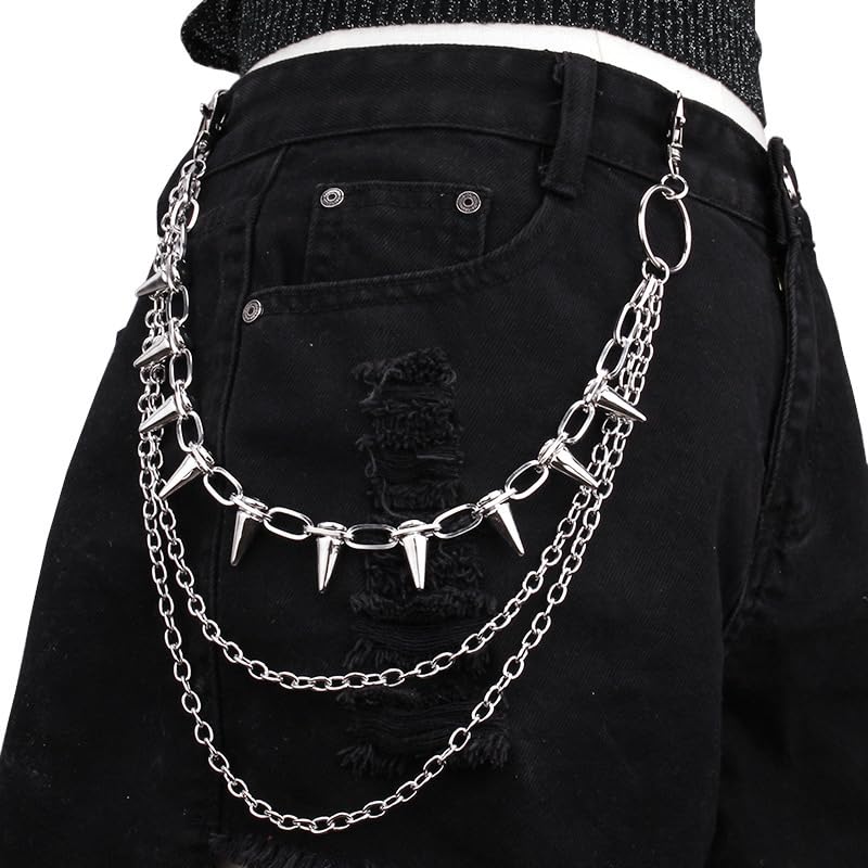 Cykdohy Rivet Layered Pants Chain for Women Men Punk Gothic Silver Spike Jean Belt Trousers Chains Harajuku Street Wallet Pocket Keychains Waist Pocket Cool Stylish Hip Hop Rock Biker Goth Body Accessories Gifts (Silver) - Image 5