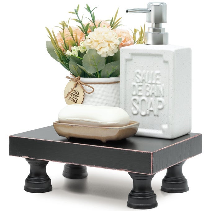 MODERN PEDESTAL STAND FOR KITCHEN DECOR DECORATIVE WOOD RISER FOR DISPLAY AND FARMHOUSE SOAP DISPENSER TRAY AND SPONGE HOLDER RETRO COUNTERTOP ORGANIZER FOR COUNTER AND SINK BLACK