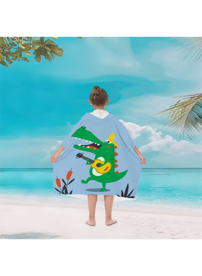Kids Hooded Beach Poncho Towel, Quick-Dry Absorbent with Crocodile Ukulele Print, Light Blue - Image 1