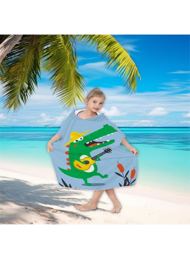 Kids Hooded Beach Poncho Towel, Quick-Dry Absorbent with Crocodile Ukulele Print, Light Blue - Image 3