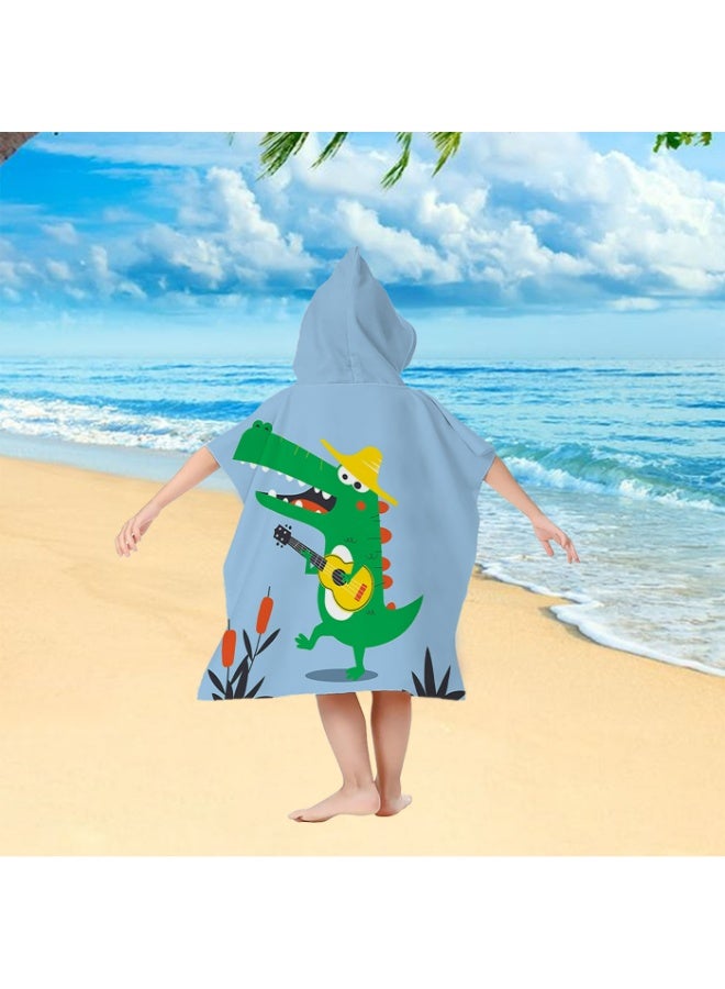 Kids Hooded Beach Poncho Towel, Quick-Dry Absorbent with Crocodile Ukulele Print, Light Blue - Image 5